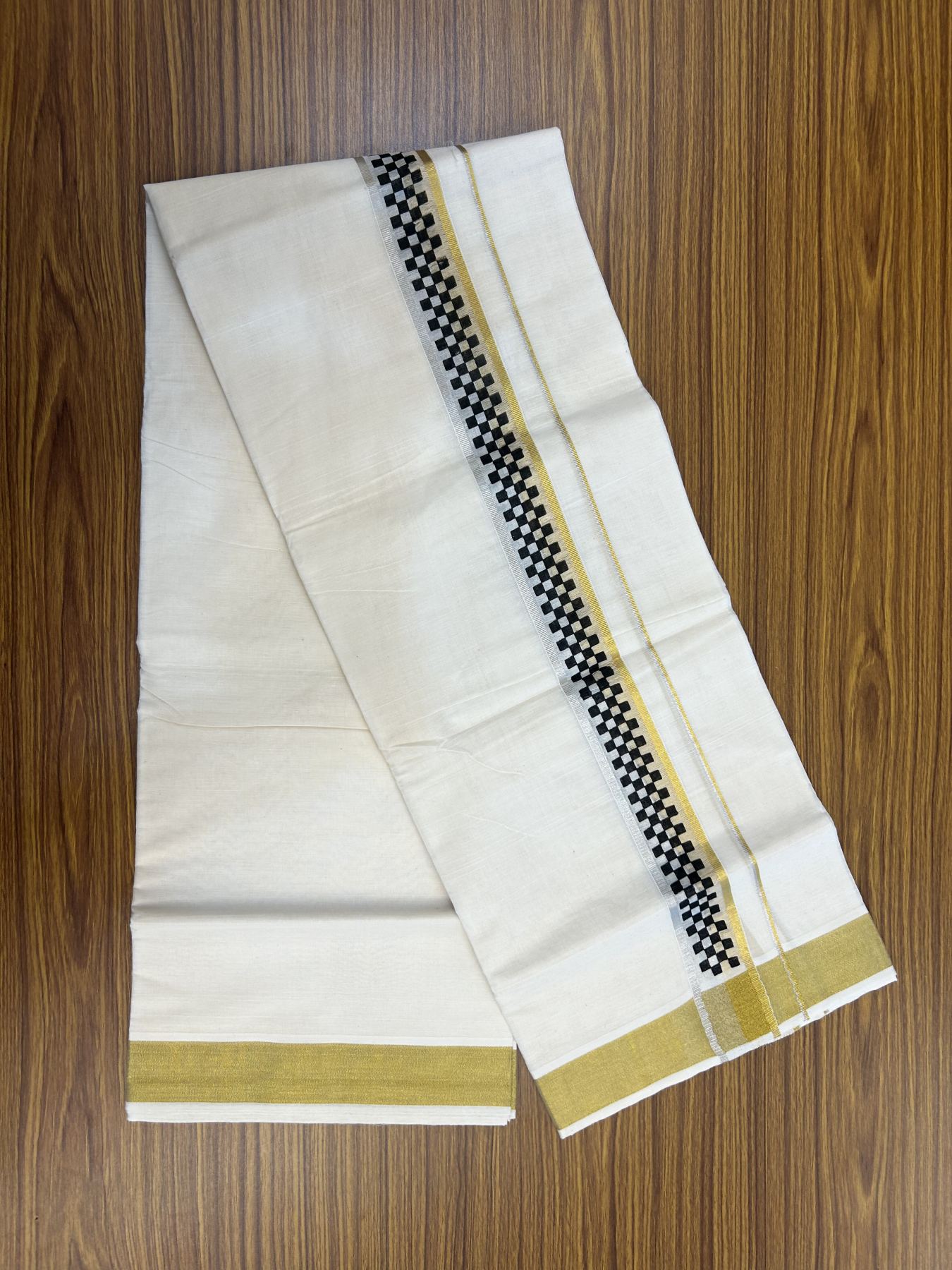 22% Discount!! KaithariKada Balaramapuram 100% Cotton Double Off White - (Ubleached) Mundu/Dhoti - 80x80 - 1.5 inch Silver & Gold Kasav Black Printed Design Kara - 4 mtr (8 muzham)- 34 KK5318 GAN