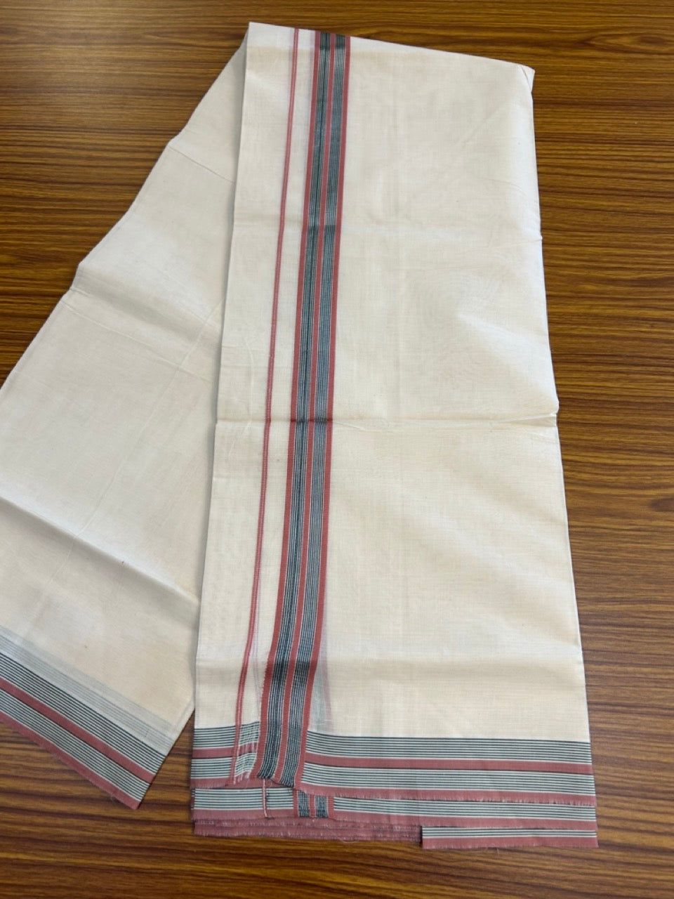 20% Discount! KaithariKada Balaramapuram 100% Cotton Double OFF WHITE (unbleached) Mundu/Dhoti- 100x80- 1.25 inch Silver Kasavu Dark Dusty rose & Dark Green striped Kara 4 mtr (8.5 muzham) - 69 KK5251 PMC