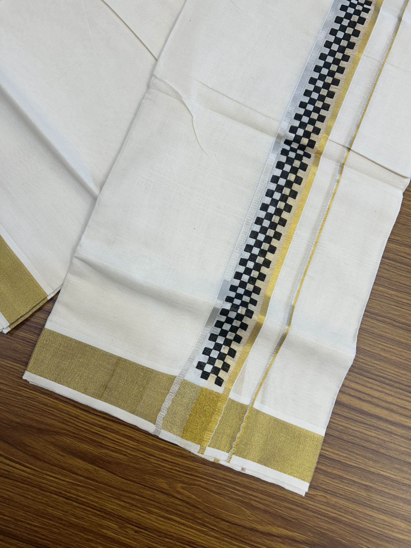 22% Discount!! KaithariKada Balaramapuram 100% Cotton Double Off White - (Ubleached) Mundu/Dhoti - 80x80 - 1.5 inch Silver & Gold Kasav Black Printed Design Kara - 4 mtr (8 muzham)- 34 KK5318 GAN