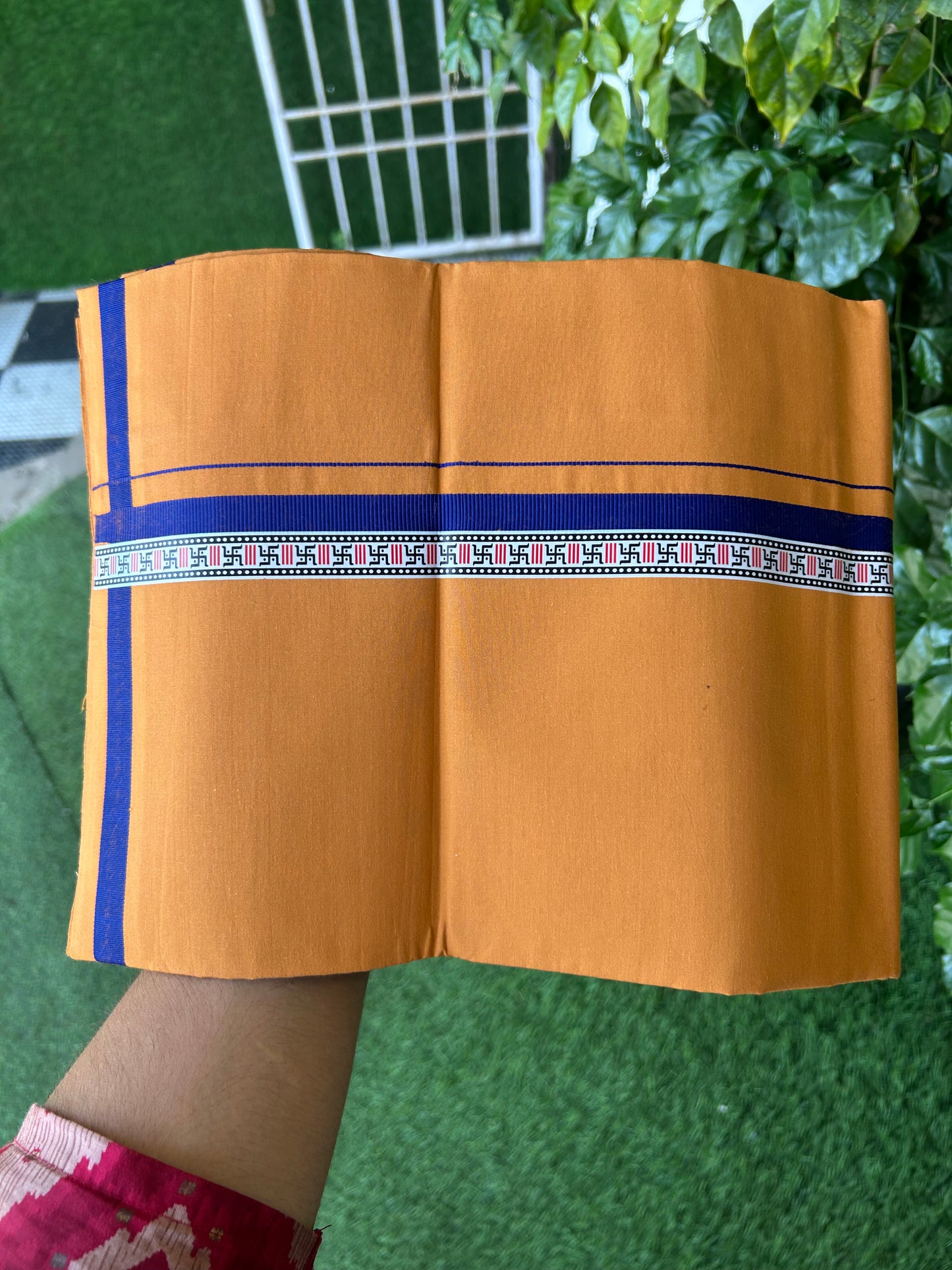 39% Discount! Kaitharikada - Pure Cotton - Single Kaily / Lungi - 1 inch Navy Blue Pattern Printed kara with Orange kavi colour body (2 meter / 4 muzham) - 9 KK8052 GAN