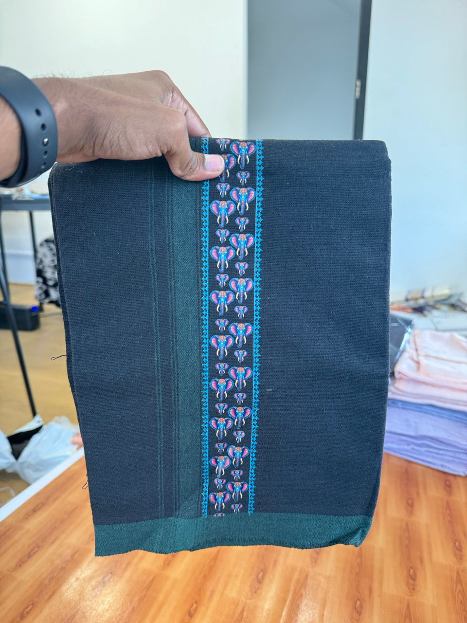 Combo Shirt Single Lungi - SIZE : L / 40 Full Sleeve - Mixed cotton - Black & Brown Ash Pattern Shirt with 3 inch Green Kara & Elephant Printed Lungi - 5 KK7053 KUT