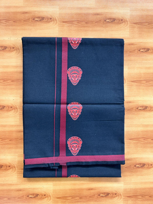 Single Kaily / Lungi- 20% Discount !! Kaitharikada - Pure Cotton - (40s) - 0.5 inch Maroon Theyyam Printed Design Kara with Black colour Body (2 meter / 4 muzham) - 10 KK8062 GAN
