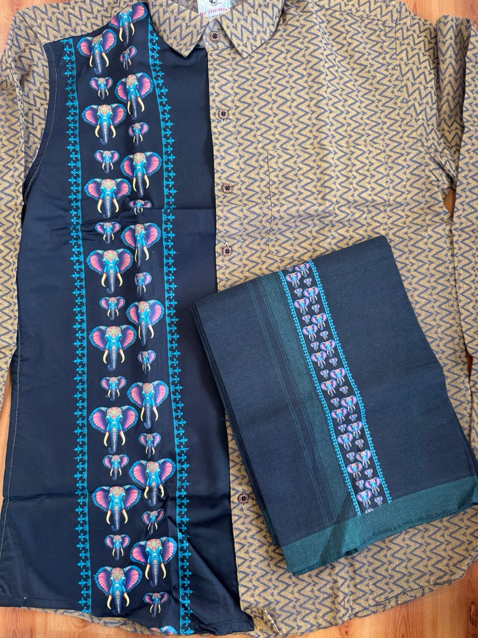Combo Shirt Single Lungi - SIZE : L / 40 Full Sleeve - Mixed cotton - Black & Brown Ash Pattern Shirt with 3 inch Green Kara & Elephant Printed Lungi - 5 KK7053 KUT