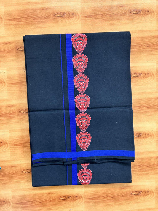 Single Kaily / Lungi- 20% Discount !! Kaitharikada - Pure Cotton - (40s) - 0.5 inch Navy Blue Theyyam Printed Design Kara with Black colour Body (2 meter / 4 muzham) - 12 KK8062 GAN