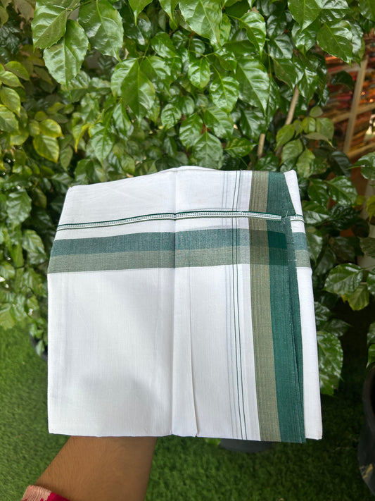 20% Discount! KaithariKada Balaramapuram 100% Cotton Double Pure white Mundu/Dhoti - 100X80 - 1.5 inch Khaki & Bottle Green shaded kara - 4 mtr ( 8.5 muzham) - 68 KK5371 VIN