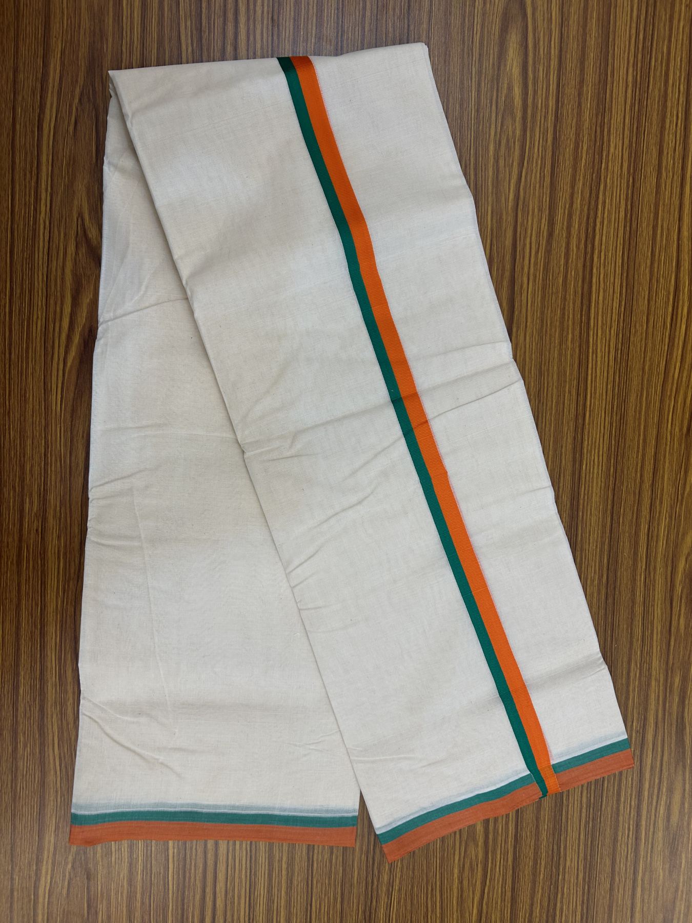 Bjp Veshti - 20% Discount! KaithariKada 100% Cotton Off White Double - (Unbleached) Mundu/Dhoti - 100X80 - 0.5 inch Orange & Green Kara 3.75 m (8 muzham)- 38 KK5318 ASH