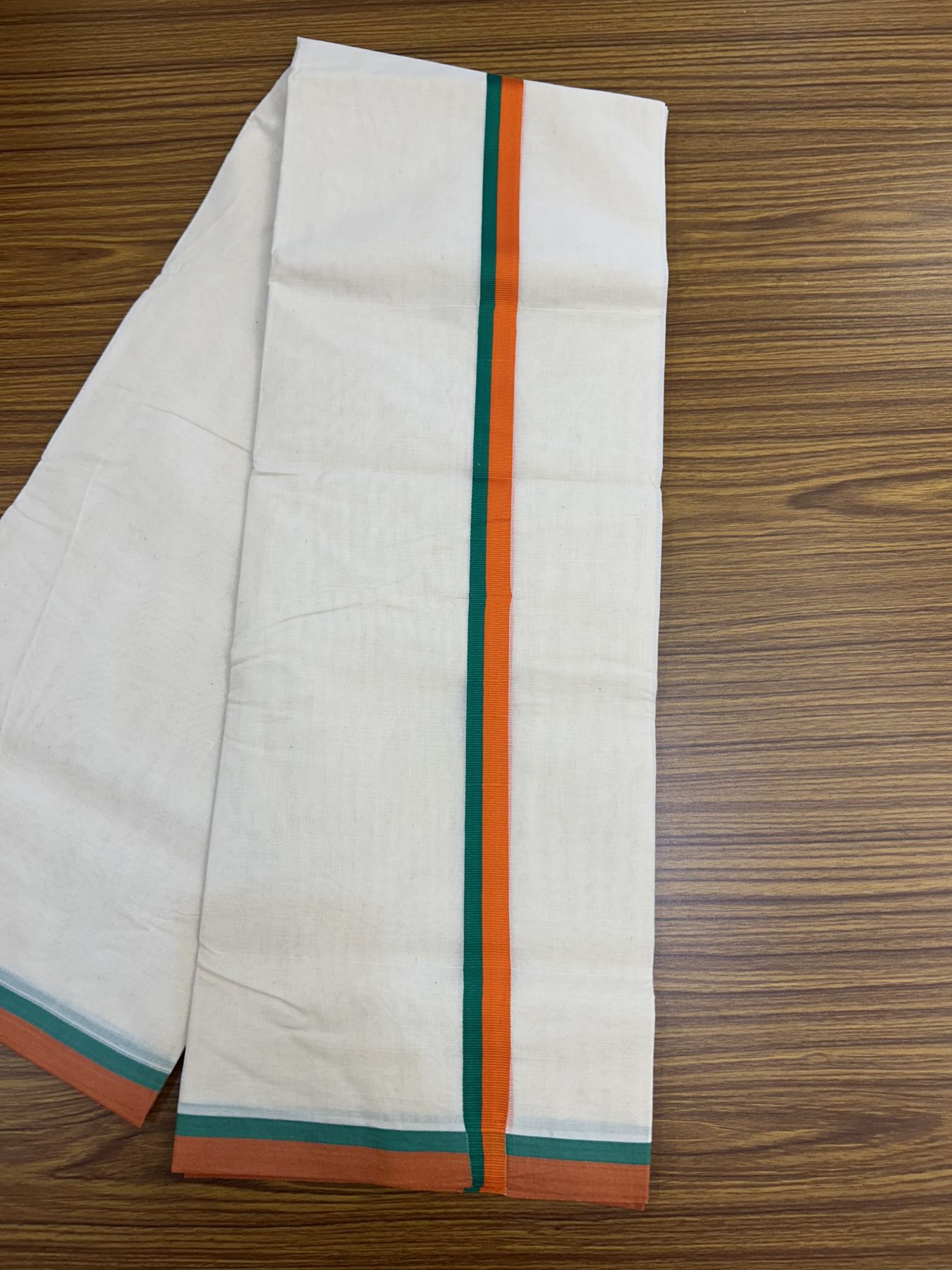 Bjp Veshti - 20% Discount! KaithariKada 100% Cotton Off White Double - (Unbleached) Mundu/Dhoti - 100X80 - 0.5 inch Orange & Green Kara 3.75 m (8 muzham)- 38 KK5318 ASH