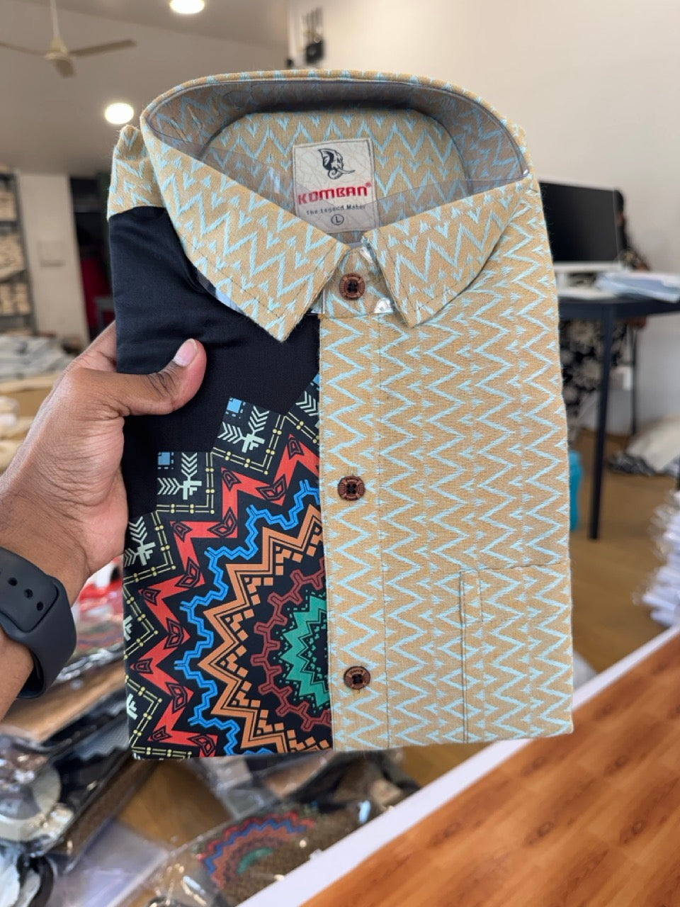 Combo Shirt Single Lungi - SIZE : L / 40 Full Sleeve - Mixed cotton - Black & Light Brown Turquoise Pattern Shirt with 3 inch Violet Kara &  Printed Lungi - 7 KK7053 KUT