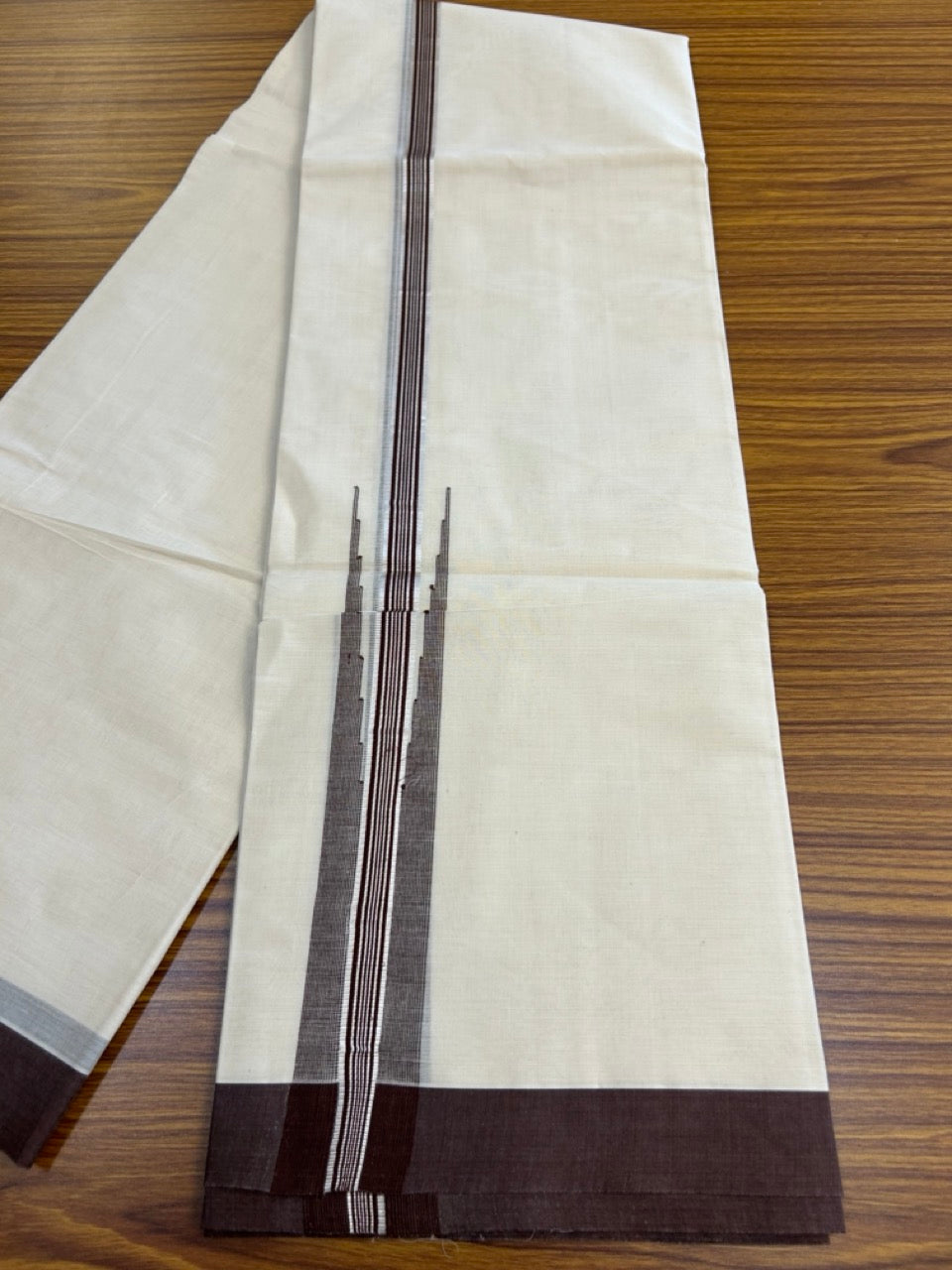 20% Discount ! KaithariKada Balaramapuram 100% Cotton Double OFF WHITE (unbleached) Mundu/Dhoti- 100x90- 1.75 inch Puliyilakkara Silver Kasavu & Brown Striped Chutty Kara 4 mtr (8.5 muzham) - 55 KK5251 PMC