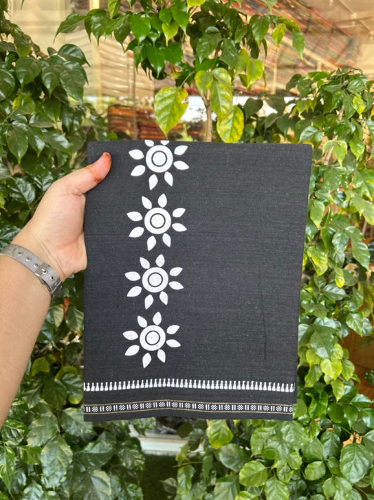 Kaitharikada - Single Kaily / Lungi - Polyster + Cotton - 20s twisted - 2.5 inch White Flower Design printed kuppadam kara with Black colour body - 96 KK8035 GAN