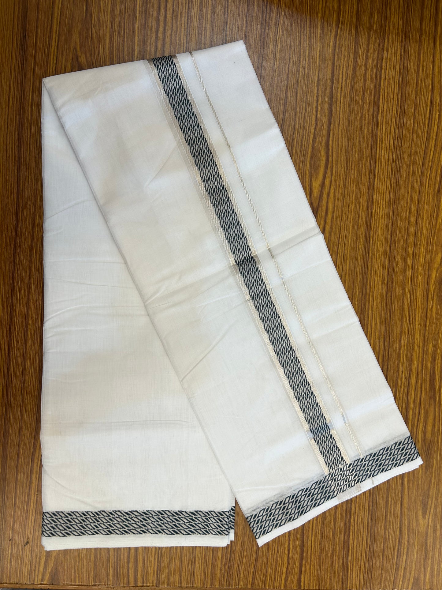 25% Disocunt! Pure White Kerala Handloom - 100% Mercerised Cotton Double - Mundu/Dhoti - 100x80 - 1.5 inch Silver Kasavu & Dark Green Jaquard Design Kara - 4 mtr (8.5 muzham) - 8 KK5352 ABH