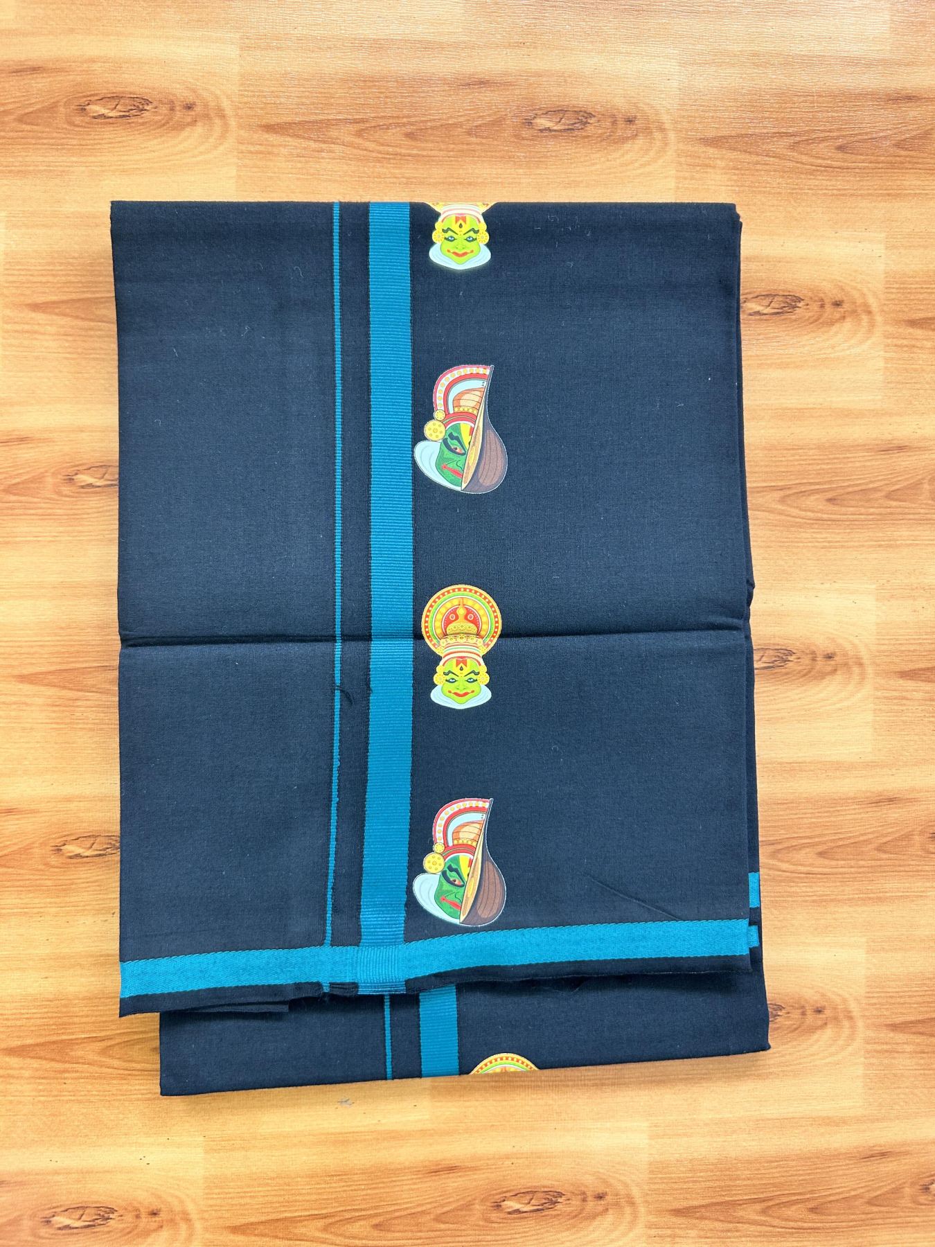 Single Kaily / Lungi- 20% Discount !! Kaitharikada - Pure Cotton - (40s) - 0.5 inch Bottle Green Kathakali Printed Design Kara with Black colour Body (2 meter / 4 muzham) - 20 KK8062 GAN