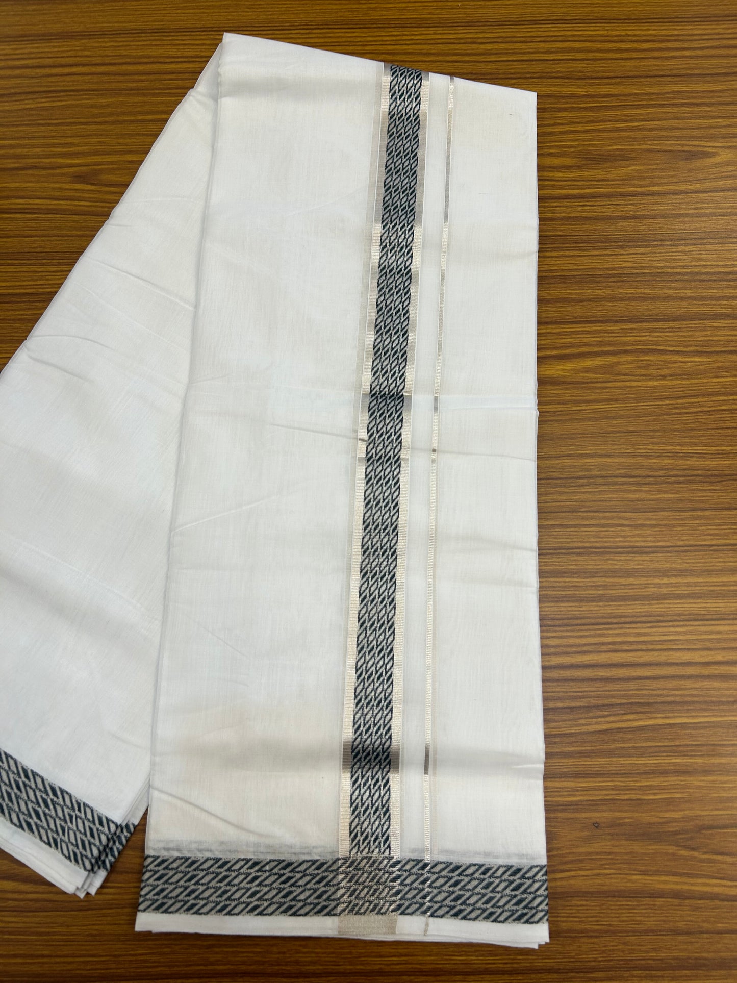 25% Disocunt! Pure White Kerala Handloom - 100% Mercerised Cotton Double - Mundu/Dhoti - 100x80 - 1.5 inch Silver Kasavu & Dark Green Jaquard Design Kara - 4 mtr (8.5 muzham) - 8 KK5352 ABH