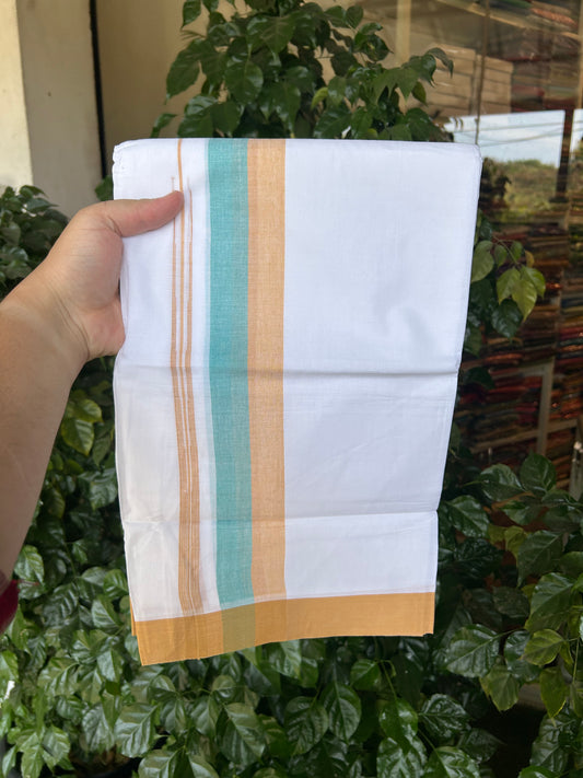 20% Discount ! Kaitharikada Balaramapuram 100% Pure Cotton Double Pure White Mundu/Dhoti - 100x80 - 2 inch Orange Yellow & Bright Teal Shaded Stripes Chutty 3.90 mtr (8 muzham) - 64 KK5371 PMC