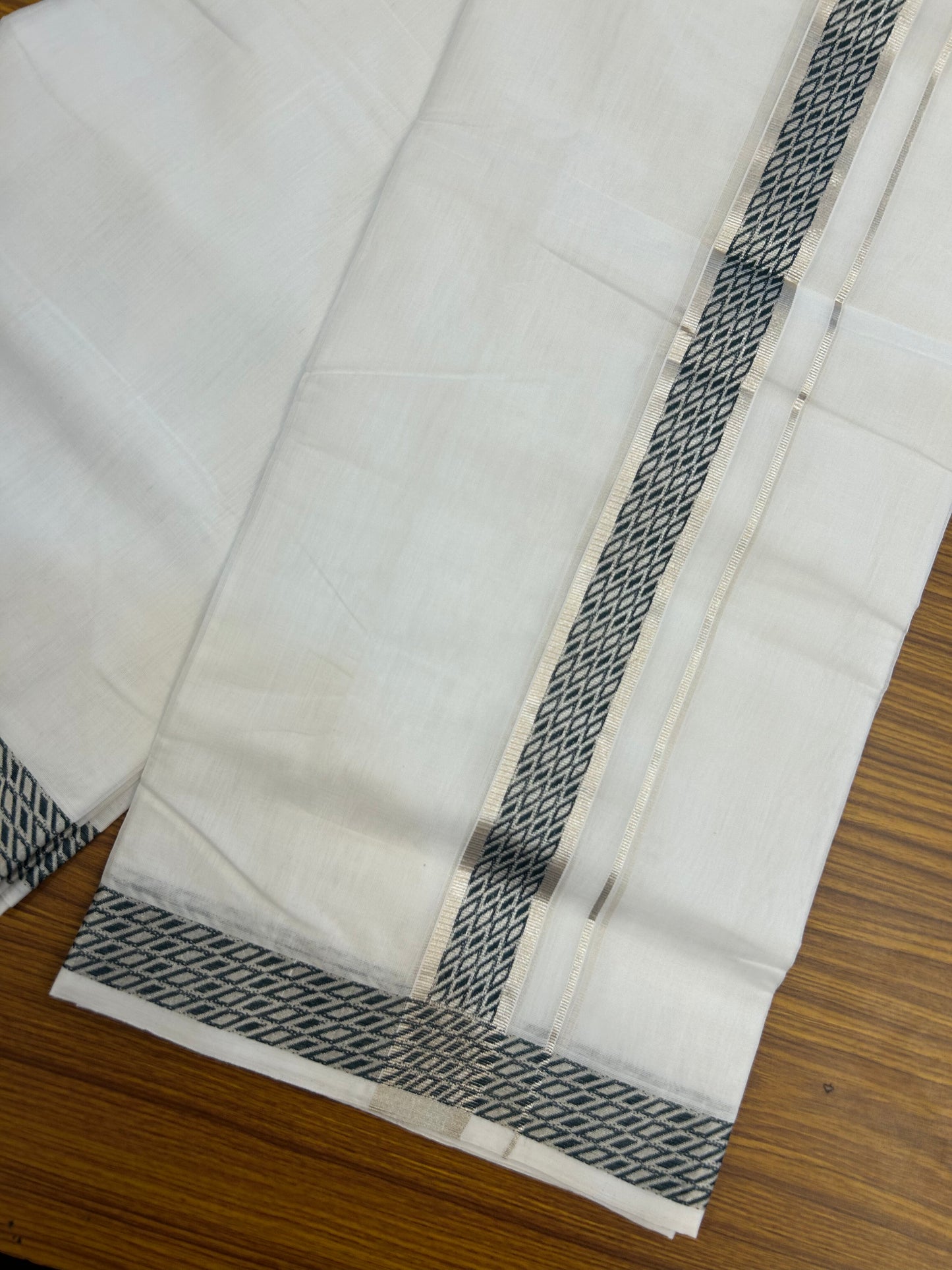 25% Disocunt! Pure White Kerala Handloom - 100% Mercerised Cotton Double - Mundu/Dhoti - 100x80 - 1.5 inch Silver Kasavu & Dark Green Jaquard Design Kara - 4 mtr (8.5 muzham) - 8 KK5352 ABH