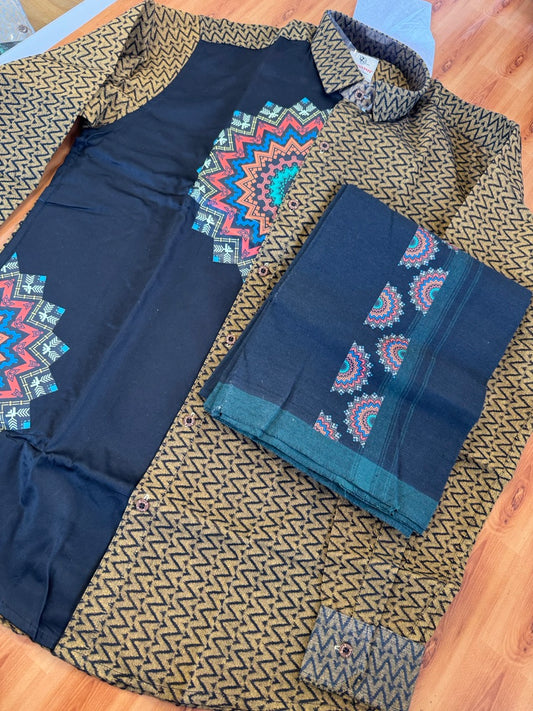 Combo Shirt Single Lungi - SIZE : L / 40 Full Sleeve - Mixed cotton - Black & Brown Pattern Shirt with 3 inch Green Kara &  Printed Lungi - 8 KK7053 KUT