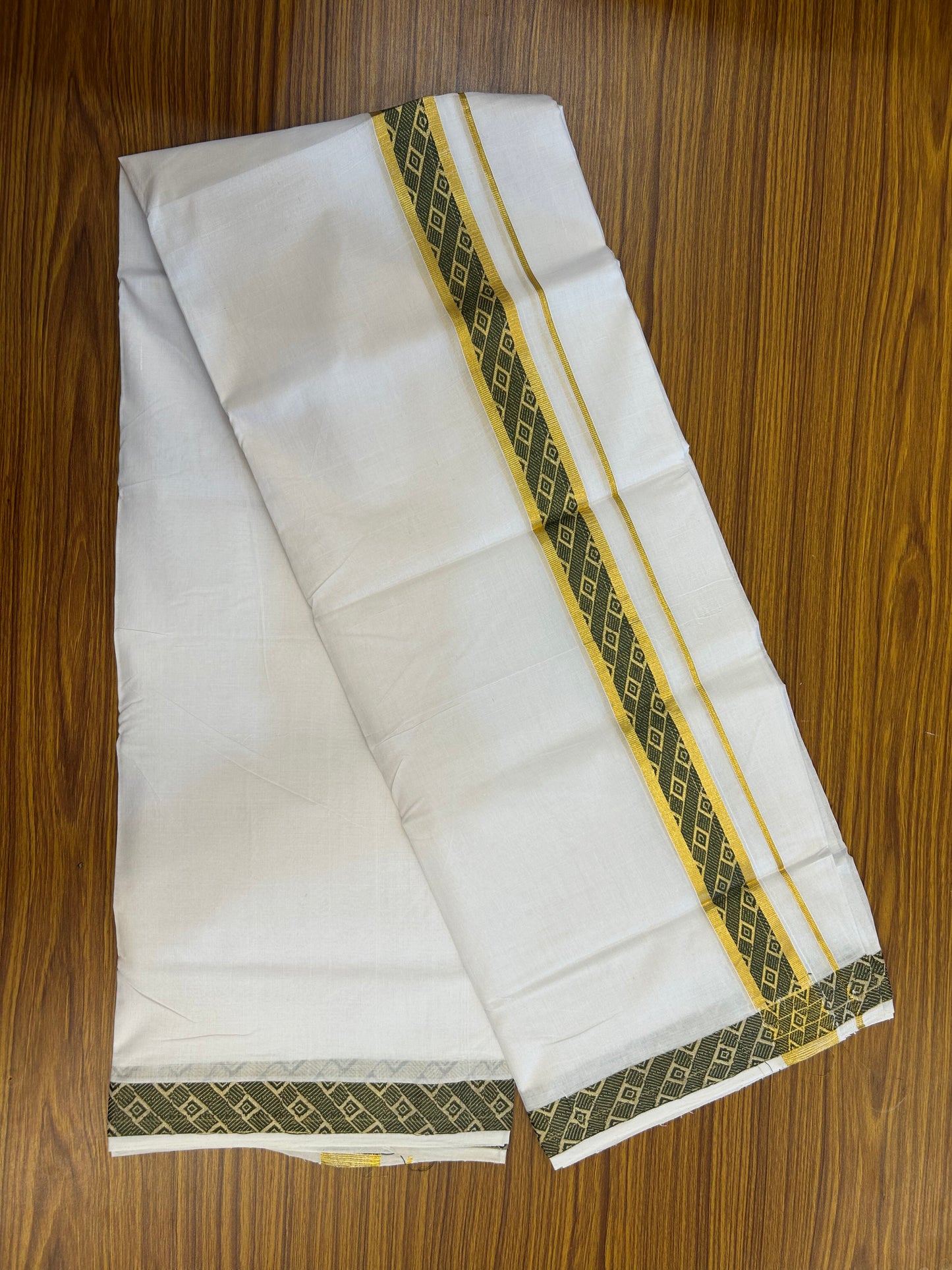 25% Discount ! KaithariKada Handloom Unakkupaav Kerala Handloom - 100% Pure Cotton Pure White Double Mundu/Dhoti - 1.25 inch Gold Kasav & Sage Green Jacquard Design Kara - 9 KK5352 ABH