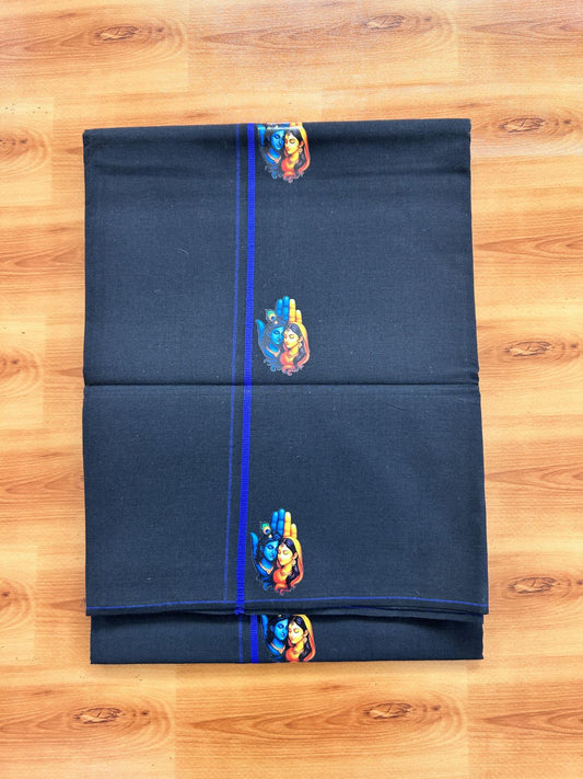 Single Kaily / Lungi- 20% Discount !! Kaitharikada - Pure Cotton - (40s) - 0.5 cm Blue Shiva Parvathy Printed Design Kara with Black colour Body (2 meter / 4 muzham) - 22 KK8062 GAN