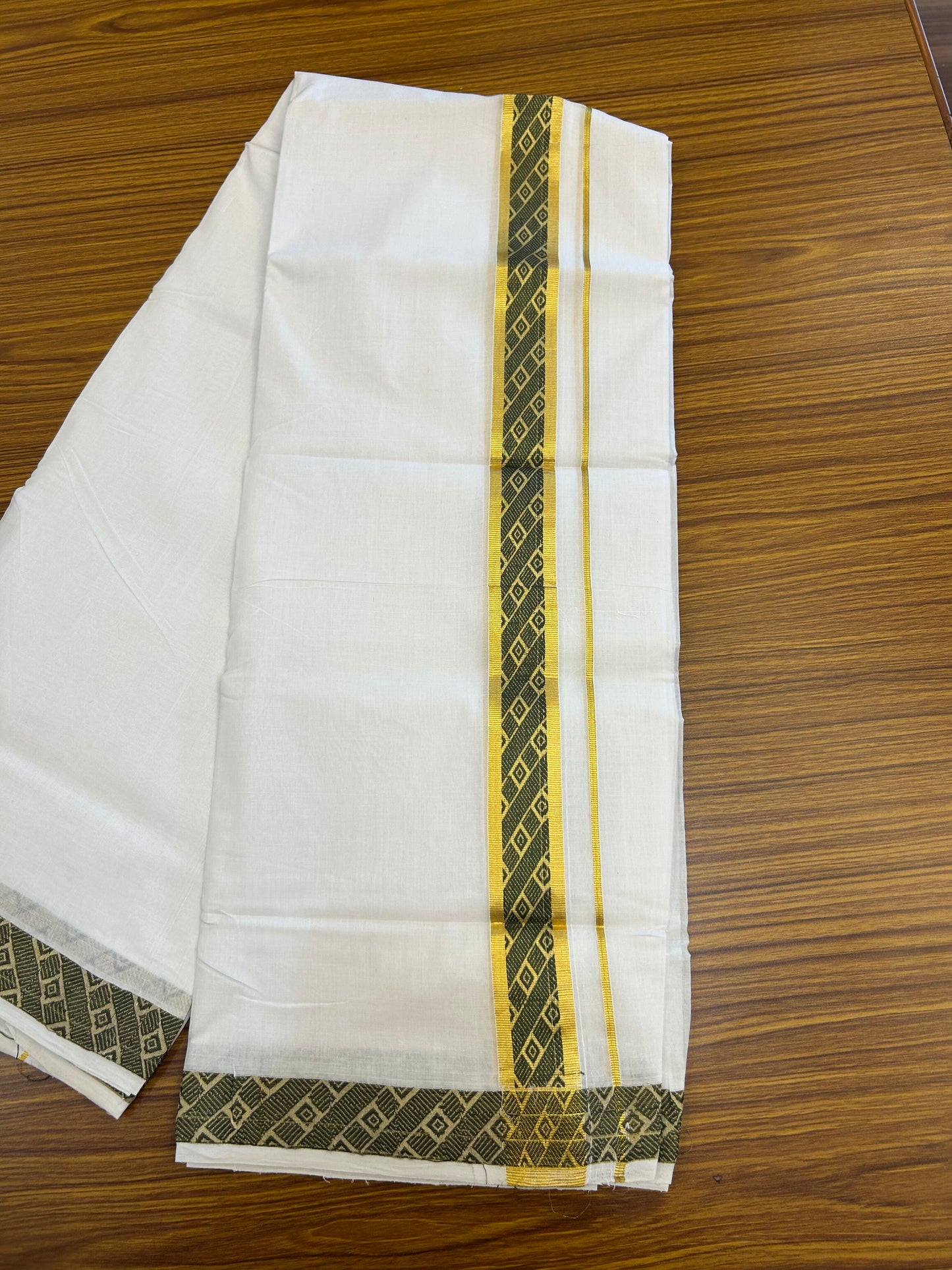 25% Discount ! KaithariKada Handloom Unakkupaav Kerala Handloom - 100% Pure Cotton Pure White Double Mundu/Dhoti - 1.25 inch Gold Kasav & Sage Green Jacquard Design Kara - 9 KK5352 ABH