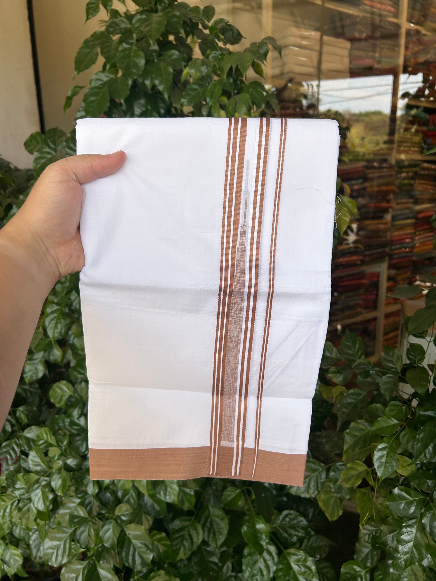 20% Discount ! Kaitharikada Balaramapuram 100% Pure Cotton Double Pure White Mundu/Dhoti - 100x80 - 1.25 inch Brown shaded striped Temple chutty 3.90 mtr (8.5 muzham) - 43 KK5371 PMC