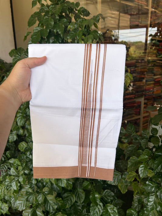 20% Discount ! Kaitharikada Balaramapuram 100% Pure Cotton Double Pure White Mundu/Dhoti - 100x80 - 1.25 inch Brown shaded striped Temple chutty 3.90 mtr (8.5 muzham) - 43 KK5371 PMC