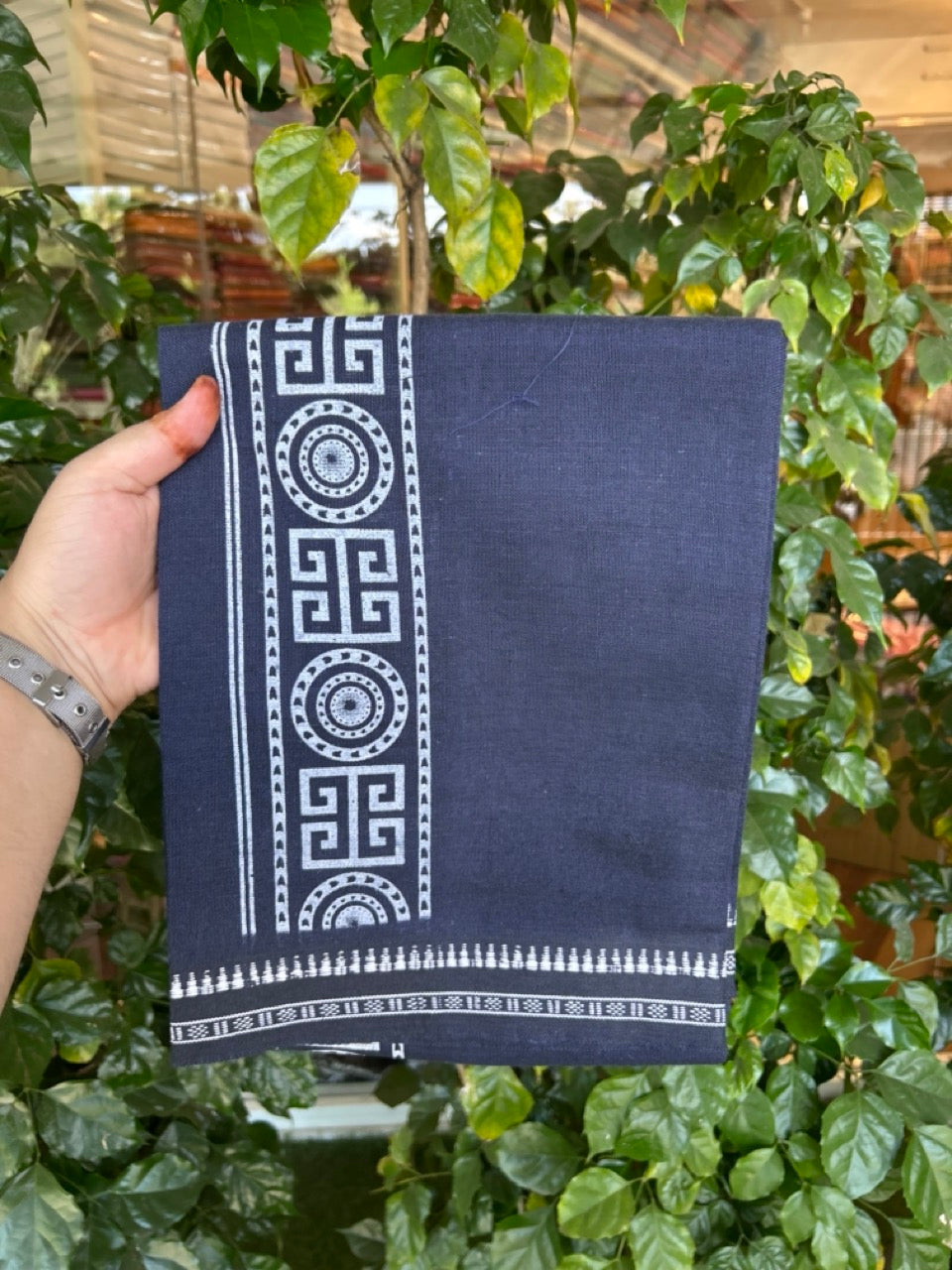 Kaitharikada - Single Kaily / Lungi - Polyster + Cotton - 20s twisted - 2.5 inch White Design printed kara with Light Navy Blue colour body - 111 KK8035 GAN