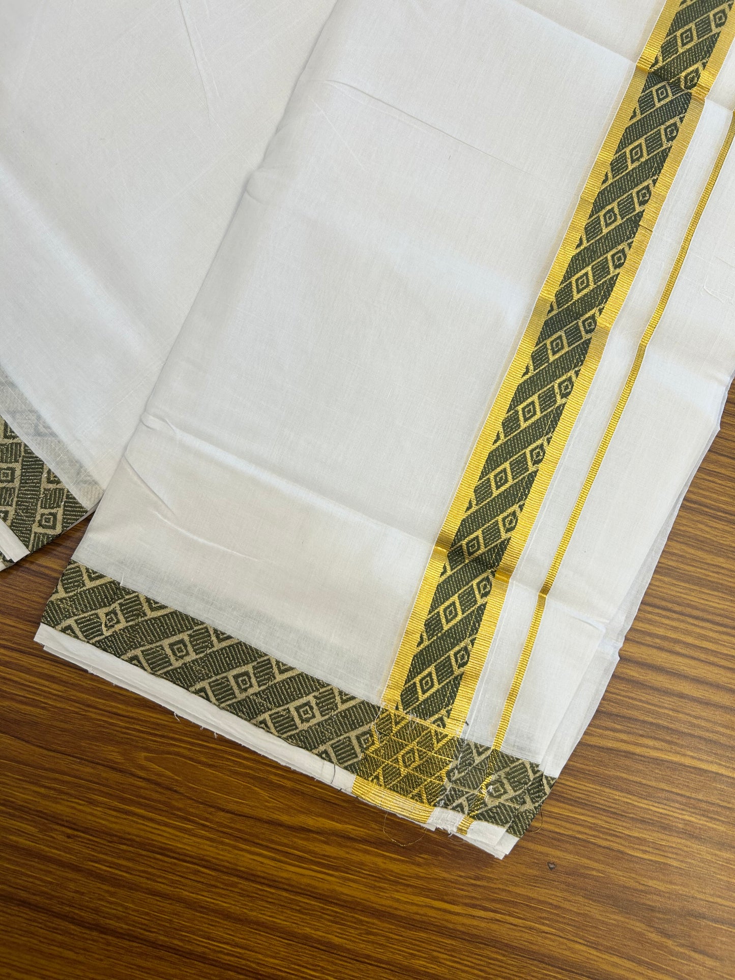 25% Discount ! KaithariKada Handloom Unakkupaav Kerala Handloom - 100% Pure Cotton Pure White Double Mundu/Dhoti - 1.25 inch Gold Kasav & Sage Green Jacquard Design Kara - 9 KK5352 ABH