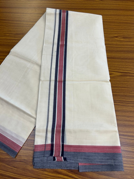 20% Discount! KaithariKada Balaramapuram 100% Cotton Double OFF WHITE (unbleached) Mundu/Dhoti- 100x80- 1.5 inch Silver Kasavu Navy Blue & Maroon striped Kara 4 mtr (8.5 muzham) - 73 KK5251 PMC