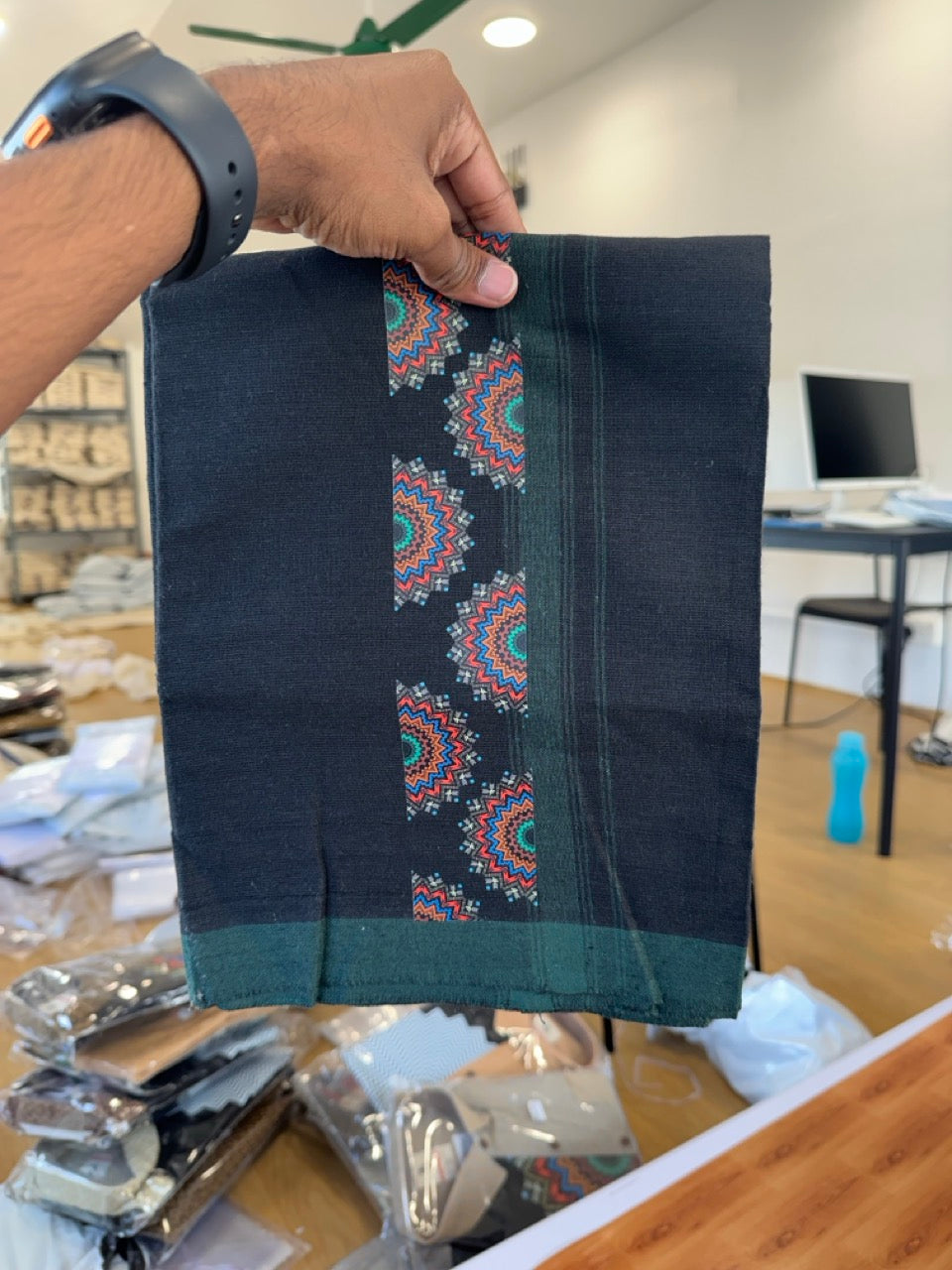 Combo Shirt Single Lungi - SIZE : L / 40 Full Sleeve - Mixed cotton - Black & Brown Pattern Shirt with 3 inch Green Kara &  Printed Lungi - 8 KK7053 KUT