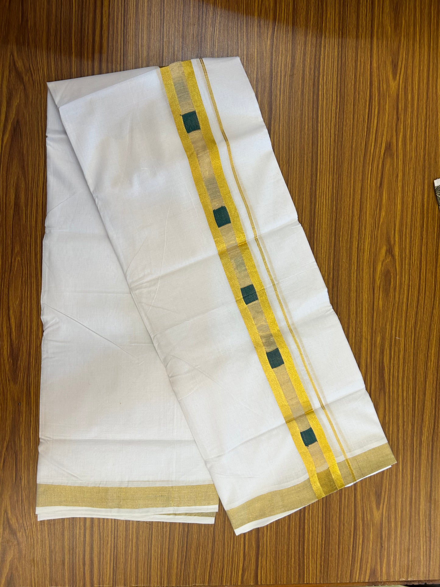 25% Discount ! KaithariKada Handloom Unakkupaav Kerala Handloom - 100% Pure Cotton Pure White Double Mundu/Dhoti - 1.75 inch Gold Kasav & Green Design Kara - 10 KK5352 ABH