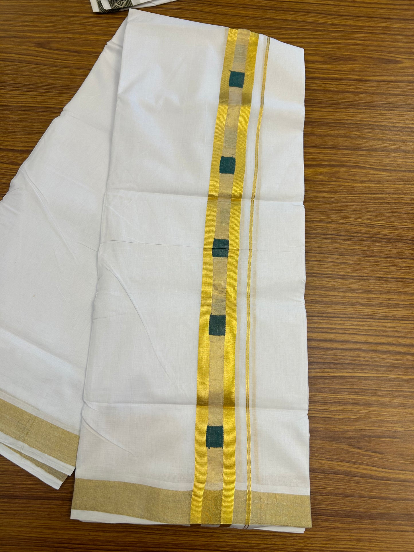25% Discount ! KaithariKada Handloom Unakkupaav Kerala Handloom - 100% Pure Cotton Pure White Double Mundu/Dhoti - 1.75 inch Gold Kasav & Green Design Kara - 10 KK5352 ABH