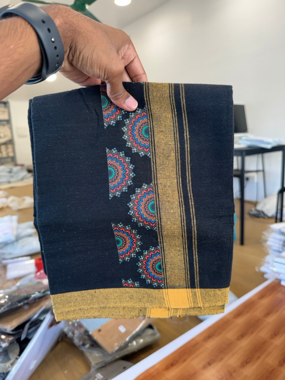 Combo Shirt Single Lungi - SIZE : L / 40 Full Sleeve - Mixed cotton - Black & Brown Blue Pattern Shirt with 3 inch Yellow Kara &  Printed Lungi - 9 KK7053 KUT