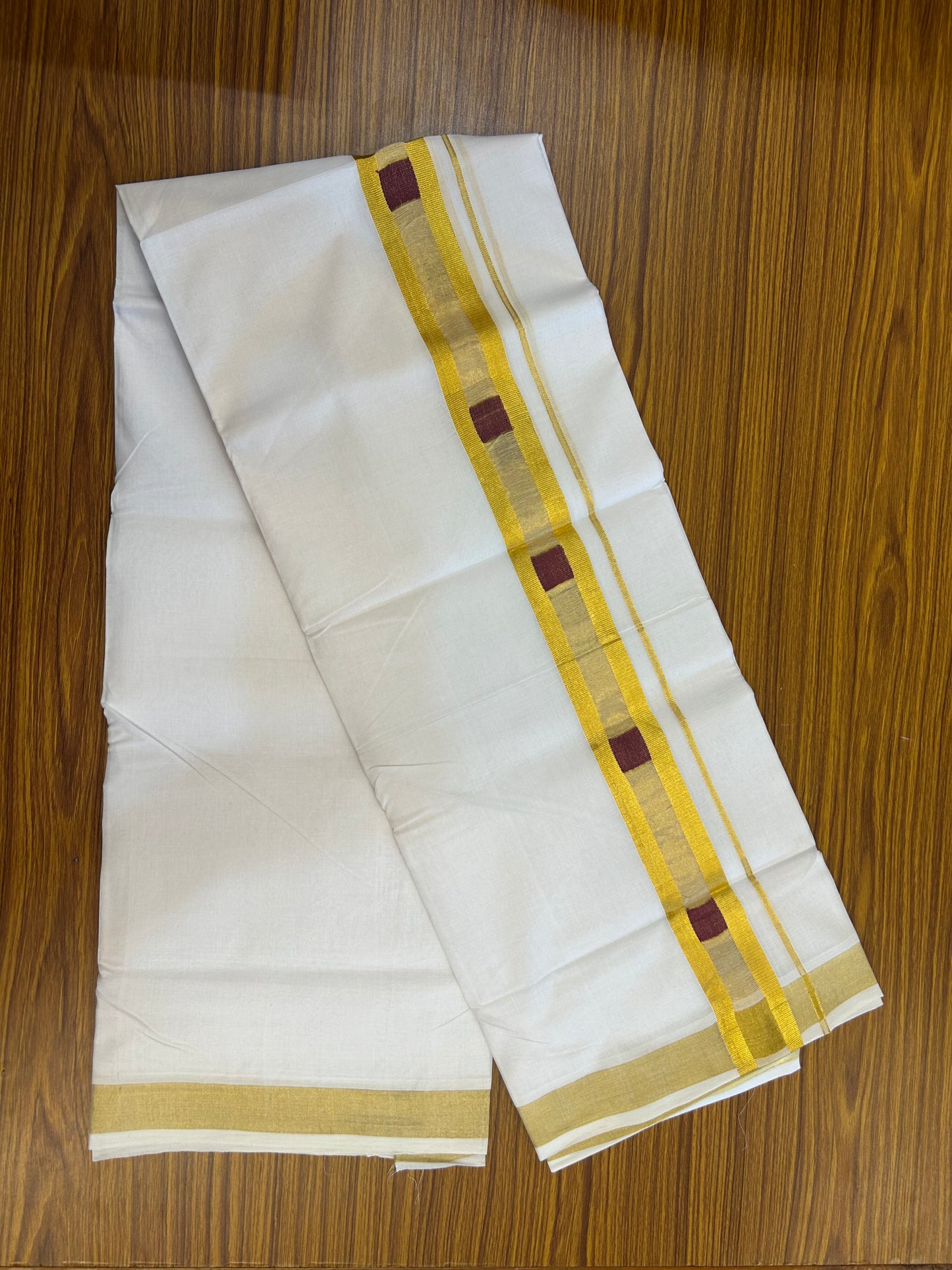25% Discount ! KaithariKada Handloom Unakkupaav Kerala Handloom - 100% Pure Cotton Pure White Double Mundu/Dhoti - 1.75 inch Gold Kasav & Maroon Design Kara - 11 KK5352 ABH