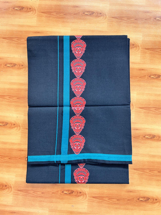 Single Kaily / Lungi- 20% Discount !! Kaitharikada - Pure Cotton - (40s) - 0.5 inch Green Theyyam Printed Design Kara with Black colour Body (2 meter / 4 muzham) - 8 KK8062 GAN