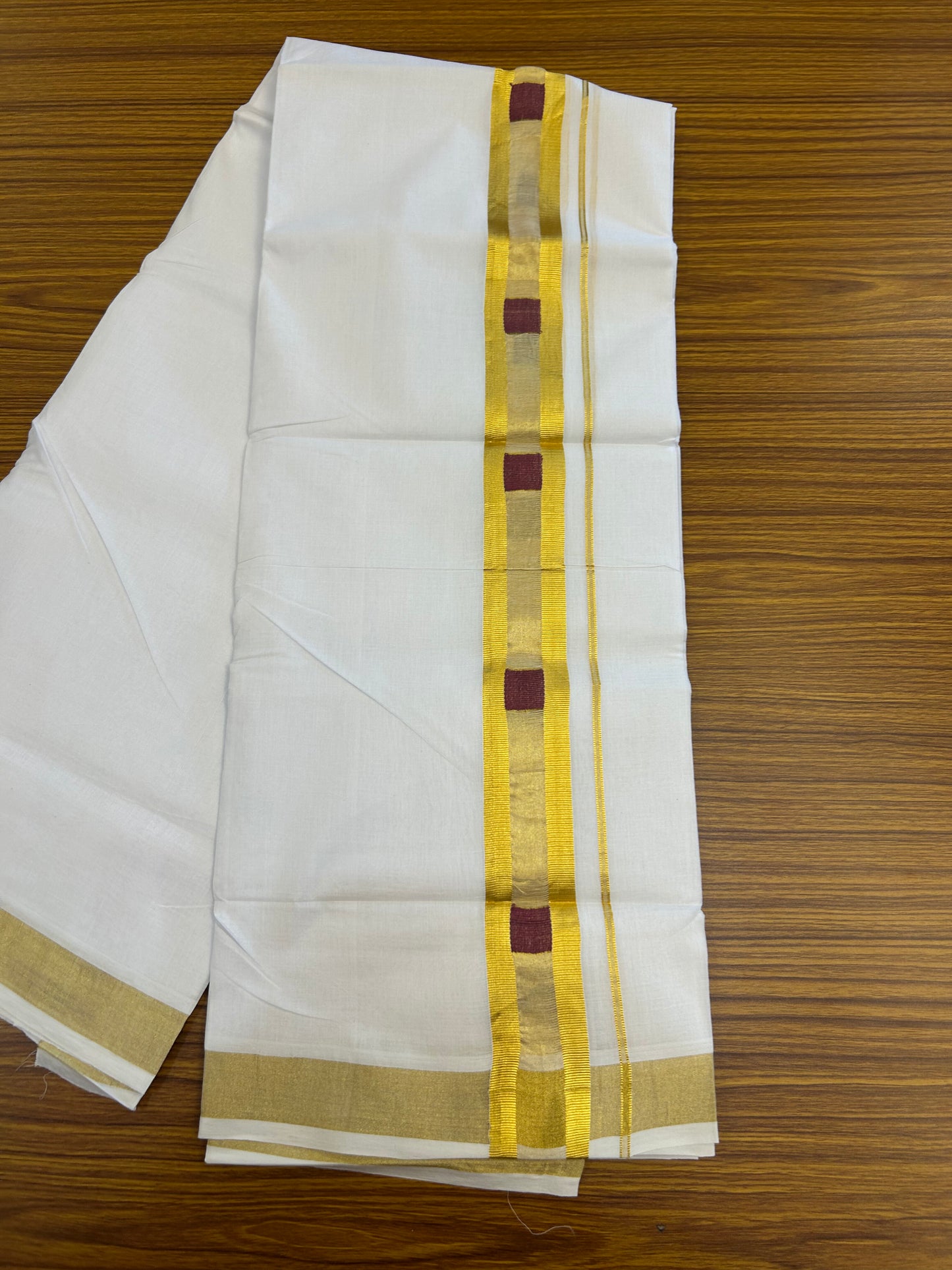 25% Discount ! KaithariKada Handloom Unakkupaav Kerala Handloom - 100% Pure Cotton Pure White Double Mundu/Dhoti - 1.75 inch Gold Kasav & Maroon Design Kara - 11 KK5352 ABH