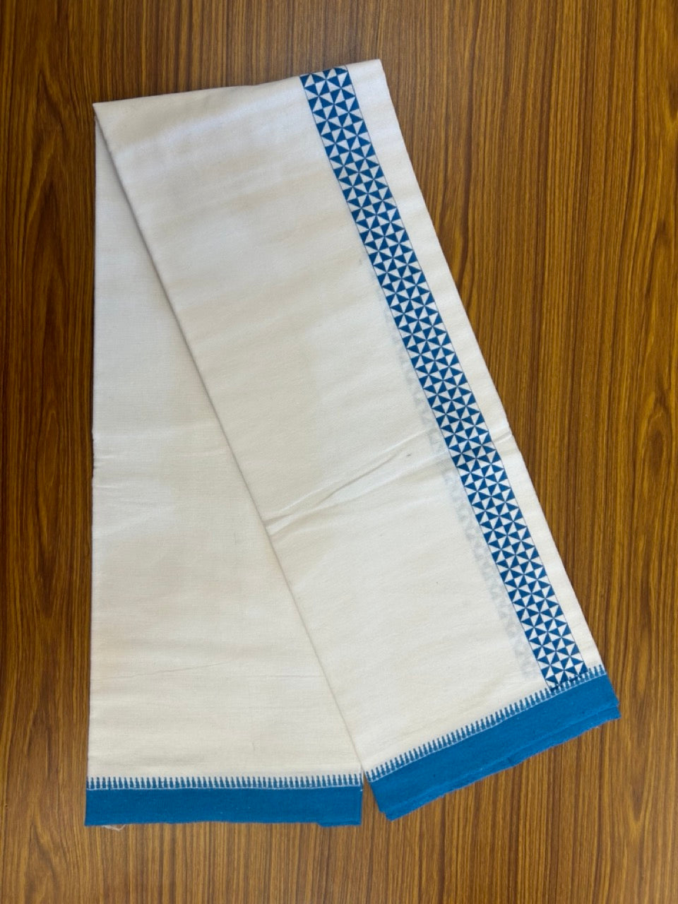 Kaitharikada - Polyster + Cotton - 20s twisted - Pure white Single Kaily / Lungi - 1.5 inch Deep Sky Blue Printed Kuppadam Border with White colour body (2 meter / 4 muzham) -  11 KK8035 GAN