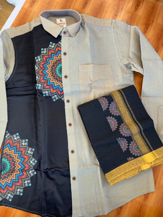 Combo Shirt Single Lungi - SIZE : L / 40 Full Sleeve - Mixed cotton - Black & Brown Blue Pattern Shirt with 3 inch Yellow Kara &  Printed Lungi - 9 KK7053 KUT