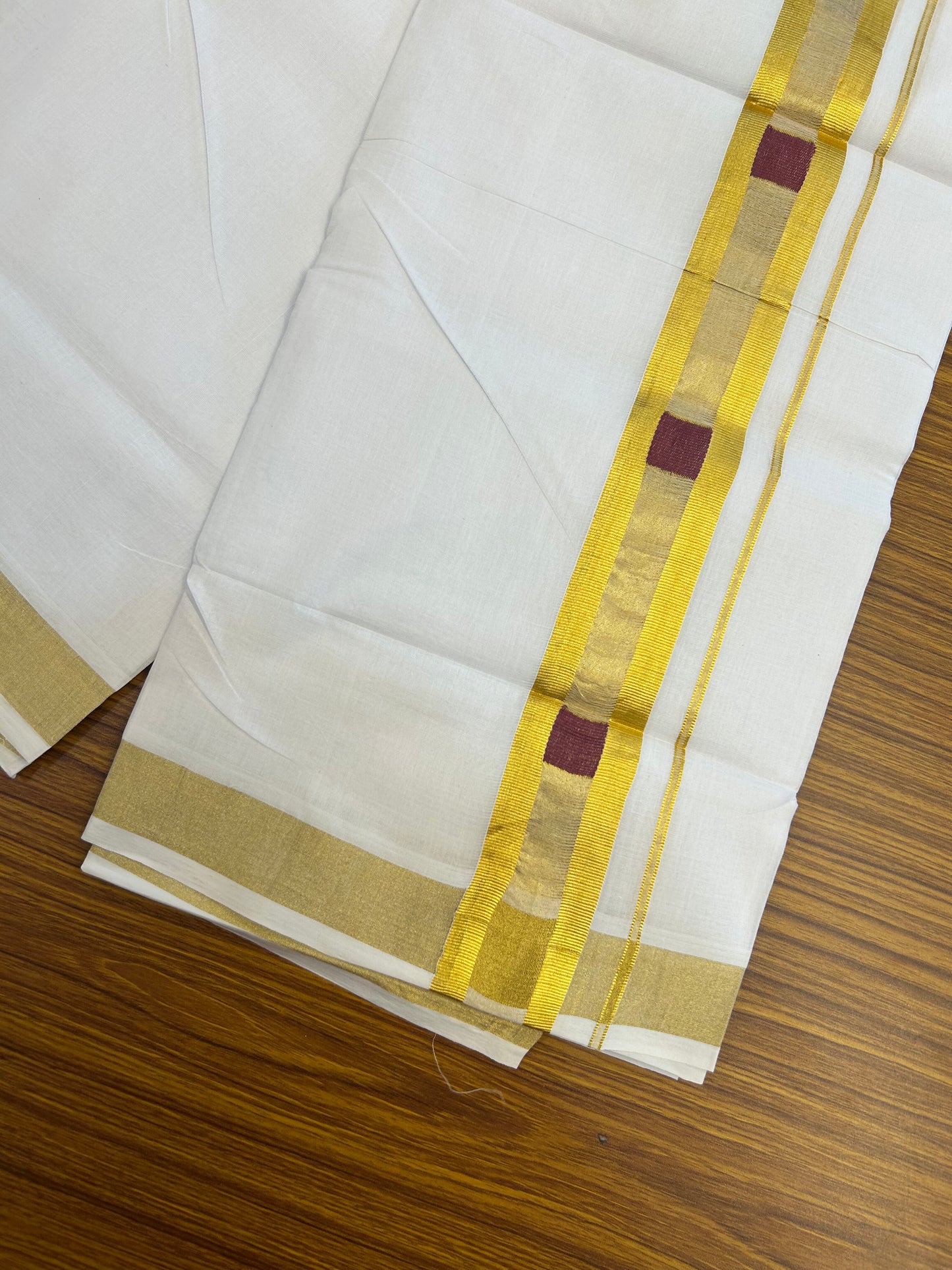 25% Discount ! KaithariKada Handloom Unakkupaav Kerala Handloom - 100% Pure Cotton Pure White Double Mundu/Dhoti - 1.75 inch Gold Kasav & Maroon Design Kara - 11 KK5352 ABH