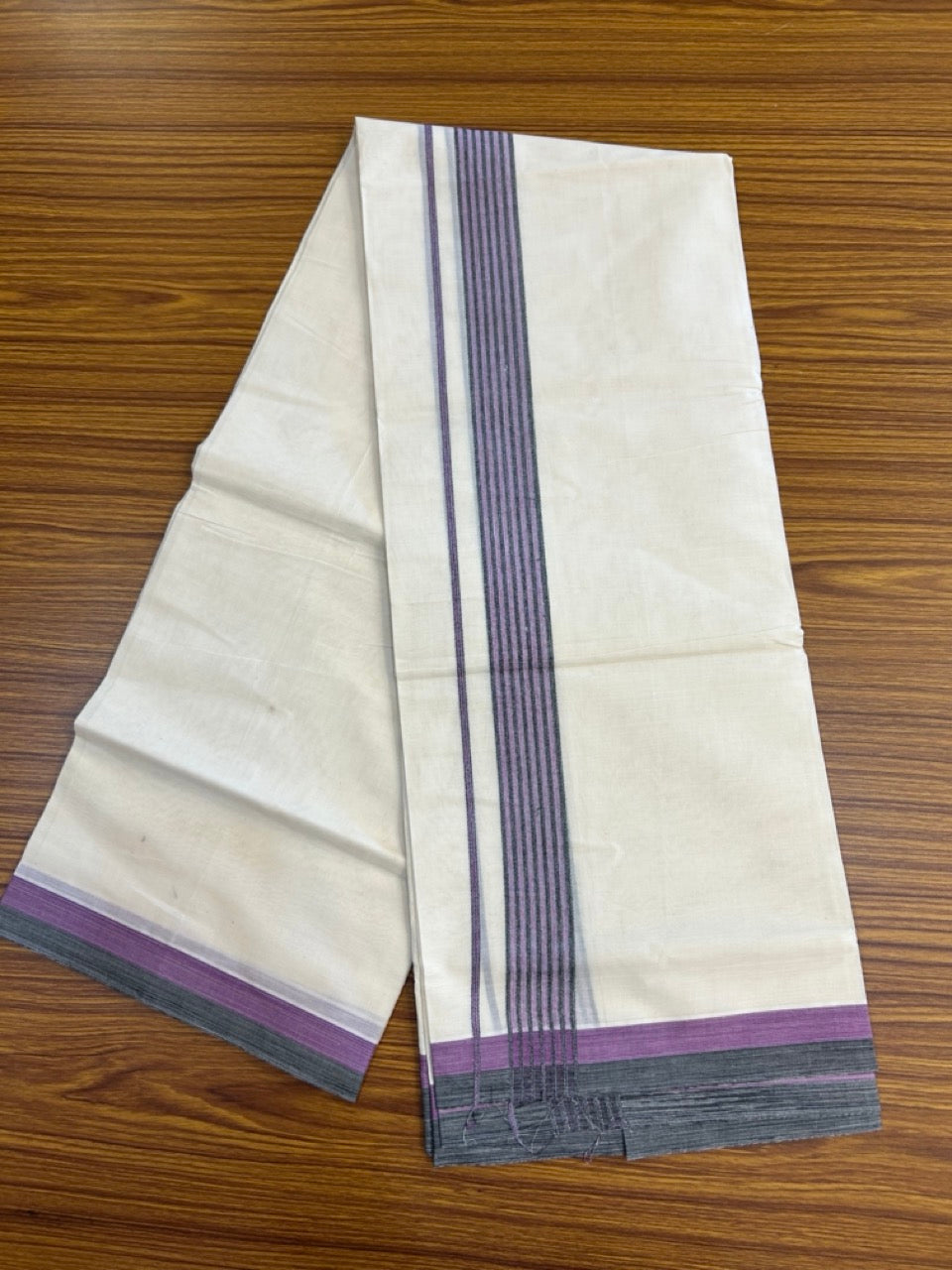 20% Discount! KaithariKada Balaramapuram 100% Cotton Double Off White (unbleached) Mundu/Dhoti- 100x80 - 1.5 inch Purple & Black shaded striped Kara 4 mtr (8.5 muzham) - 77 KK5251 PMC