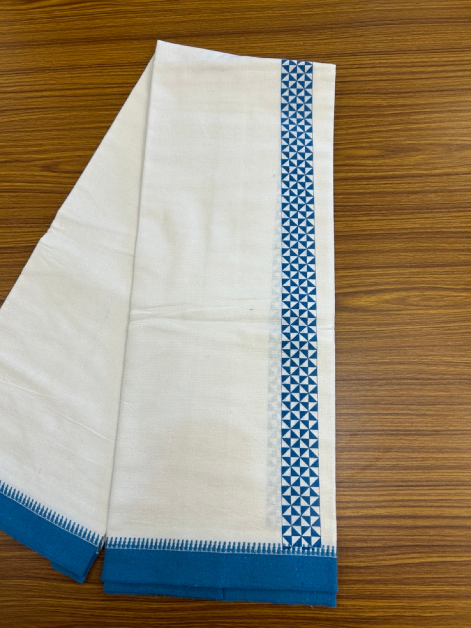 Kaitharikada - Polyster + Cotton - 20s twisted - Pure white Single Kaily / Lungi - 1.5 inch Deep Sky Blue Printed Kuppadam Border with White colour body (2 meter / 4 muzham) -  11 KK8035 GAN