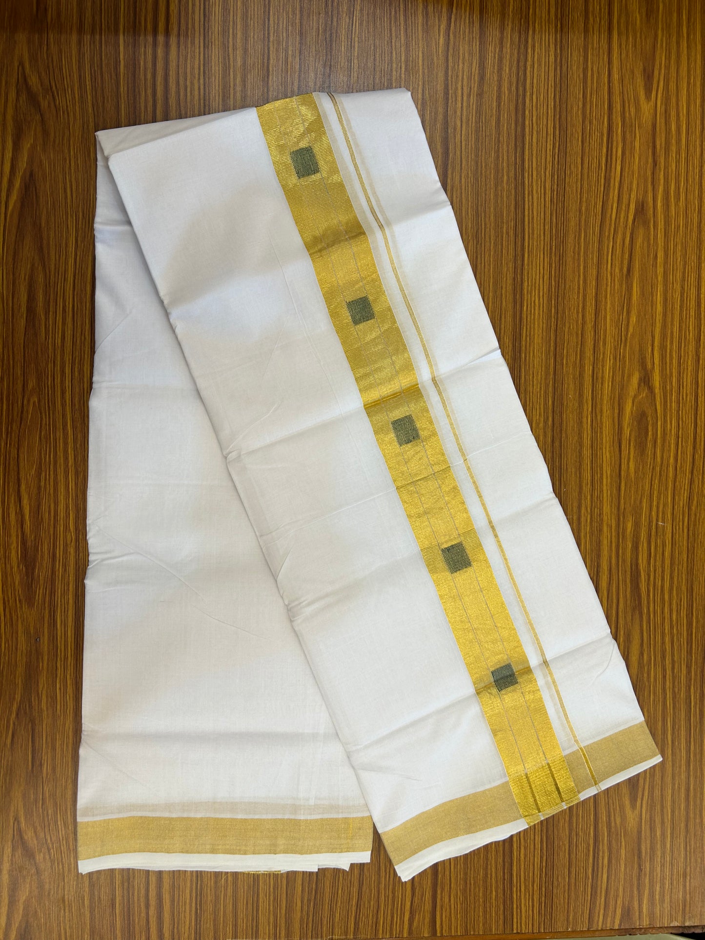 25% Discount ! KaithariKada Handloom Unakkupaav Kerala Handloom - 100% Pure Cotton Pure White Double Mundu/Dhoti - 2 inch Gold Kasav & Green Design Kara - 12 KK5352 ABH