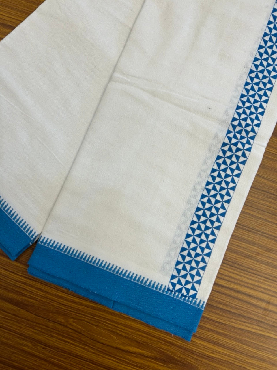 Kaitharikada - Polyster + Cotton - 20s twisted - Pure white Single Kaily / Lungi - 1.5 inch Deep Sky Blue Printed Kuppadam Border with White colour body (2 meter / 4 muzham) -  11 KK8035 GAN