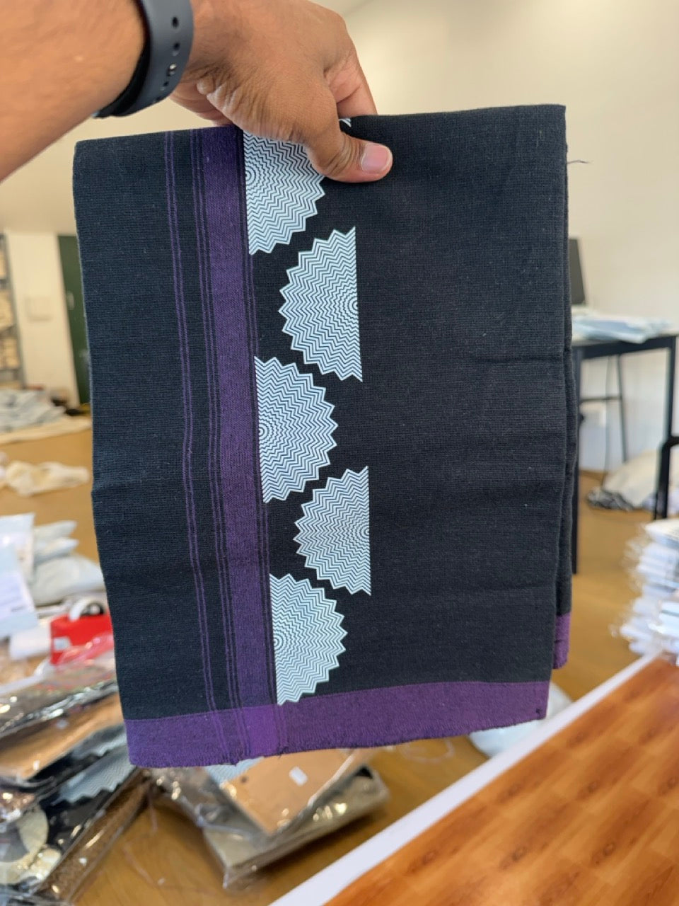 Combo Shirt Single Lungi - SIZE : L / 40 Full Sleeve - Mixed cotton - Black & Brown Blue Pattern Shirt with 3 inch Violet Kara &  Printed Lungi - 10 KK7053 KUT