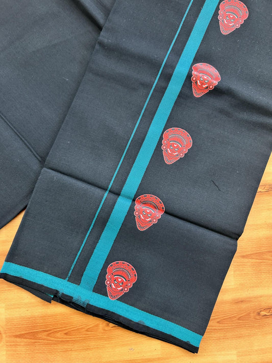 Single Kaily / Lungi- 20% Discount !! Kaitharikada - Pure Cotton - (40s) - 0.5 inch Green Theyyam Printed Design Kara with Black colour Body (2 meter / 4 muzham) - 9 KK8062 GAN