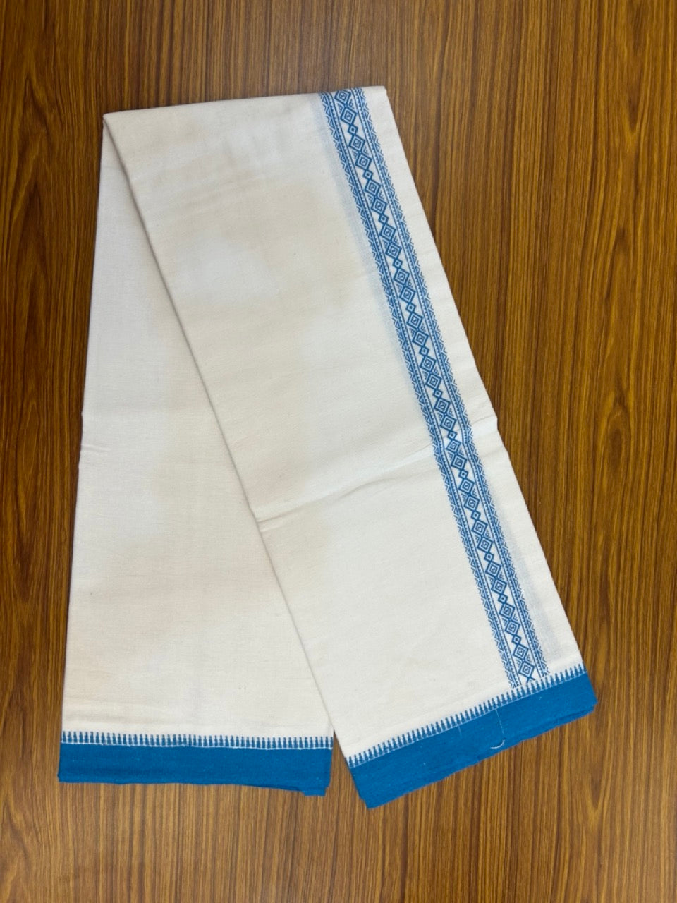 Kaitharikada - Polyster + Cotton - 20s twisted - Pure white Single Kaily / Lungi - 1.5 inch Deep Sky Blue Printed Kuppadam Border with White colour body (2 meter / 4 muzham) -  10 KK8035 GAN