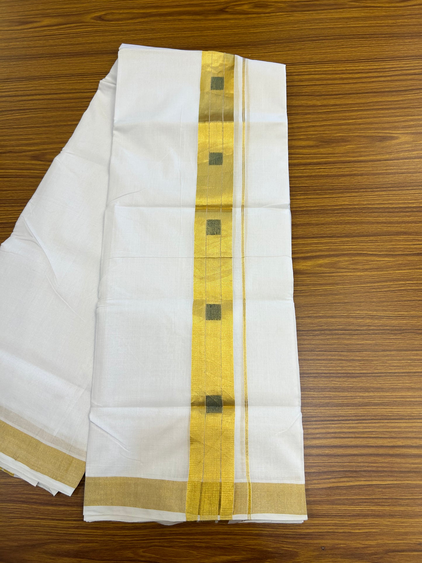 25% Discount ! KaithariKada Handloom Unakkupaav Kerala Handloom - 100% Pure Cotton Pure White Double Mundu/Dhoti - 2 inch Gold Kasav & Green Design Kara - 12 KK5352 ABH