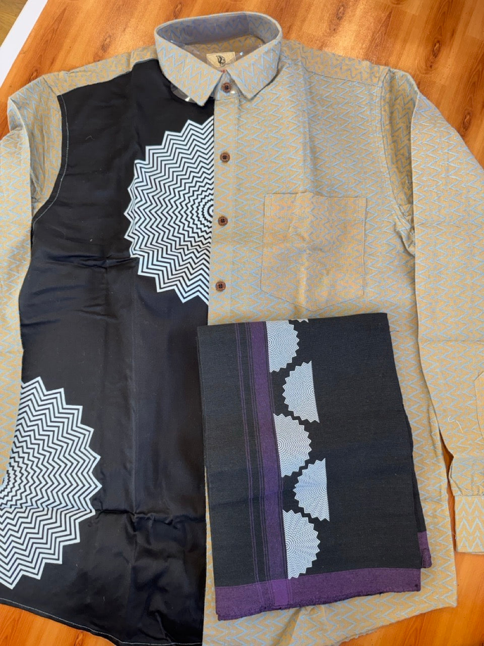 Combo Shirt Single Lungi - SIZE : L / 40 Full Sleeve - Mixed cotton - Black & Brown Blue Pattern Shirt with 3 inch Violet Kara &  Printed Lungi - 10 KK7053 KUT