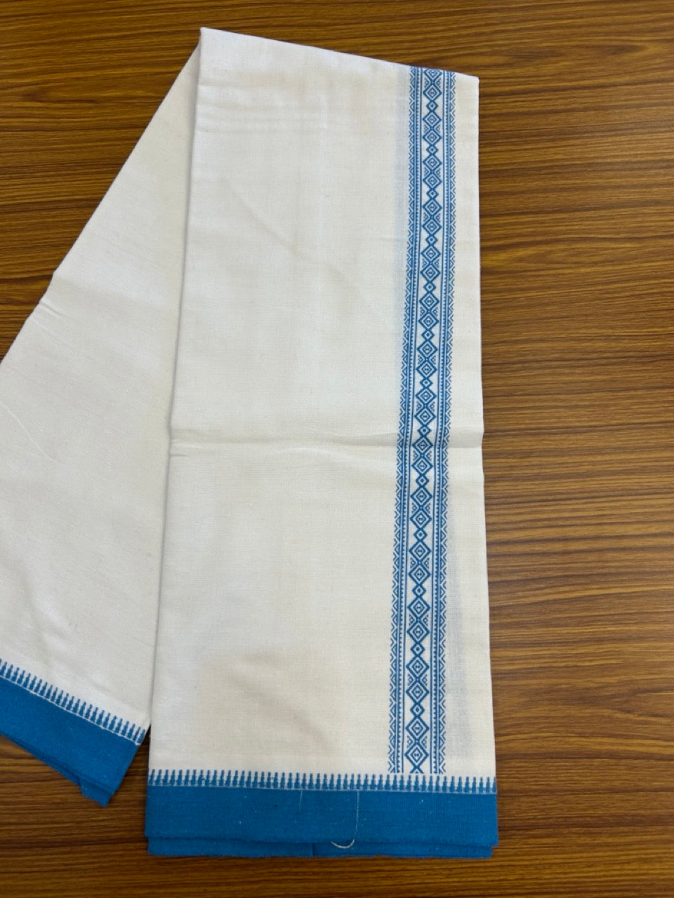Kaitharikada - Polyster + Cotton - 20s twisted - Pure white Single Kaily / Lungi - 1.5 inch Deep Sky Blue Printed Kuppadam Border with White colour body (2 meter / 4 muzham) -  10 KK8035 GAN