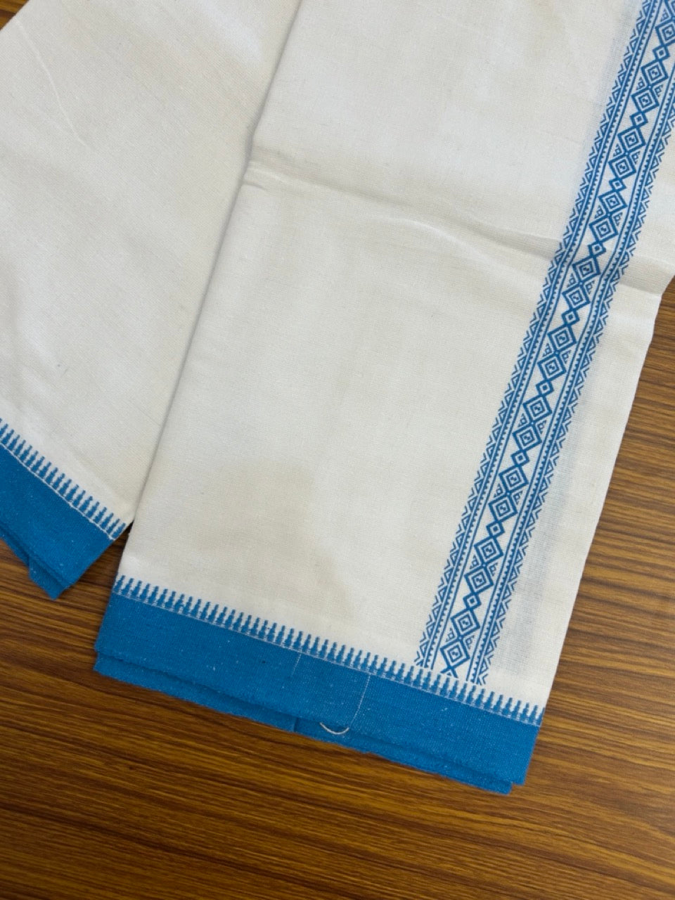 Kaitharikada - Polyster + Cotton - 20s twisted - Pure white Single Kaily / Lungi - 1.5 inch Deep Sky Blue Printed Kuppadam Border with White colour body (2 meter / 4 muzham) -  10 KK8035 GAN