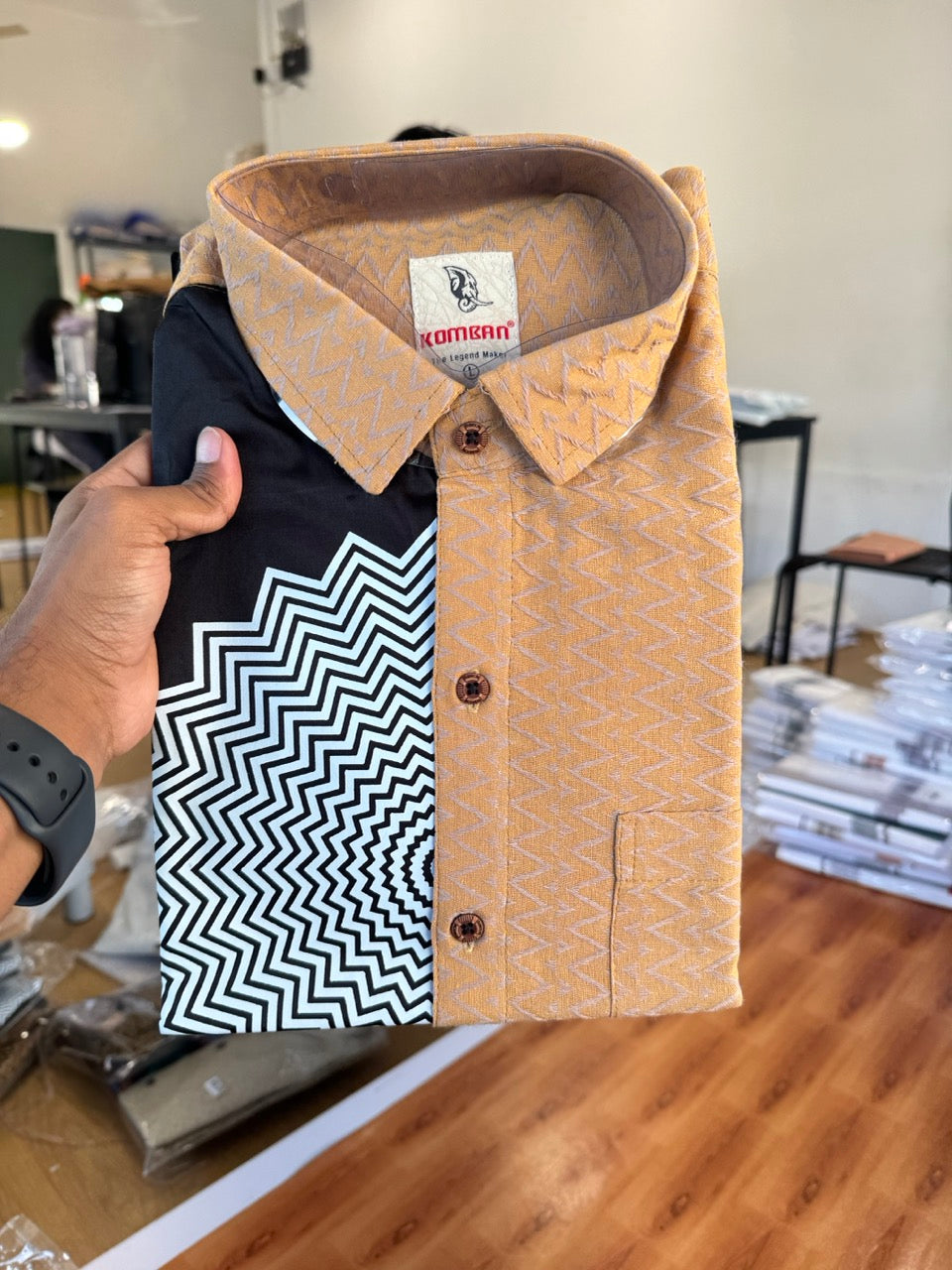 Combo Shirt Single Lungi - SIZE : L / 40 Full Sleeve - Mixed cotton - Black & Brown Violet Pattern Shirt with 3 inch Violet Kara &  Printed Lungi - 12 KK7053 KUT
